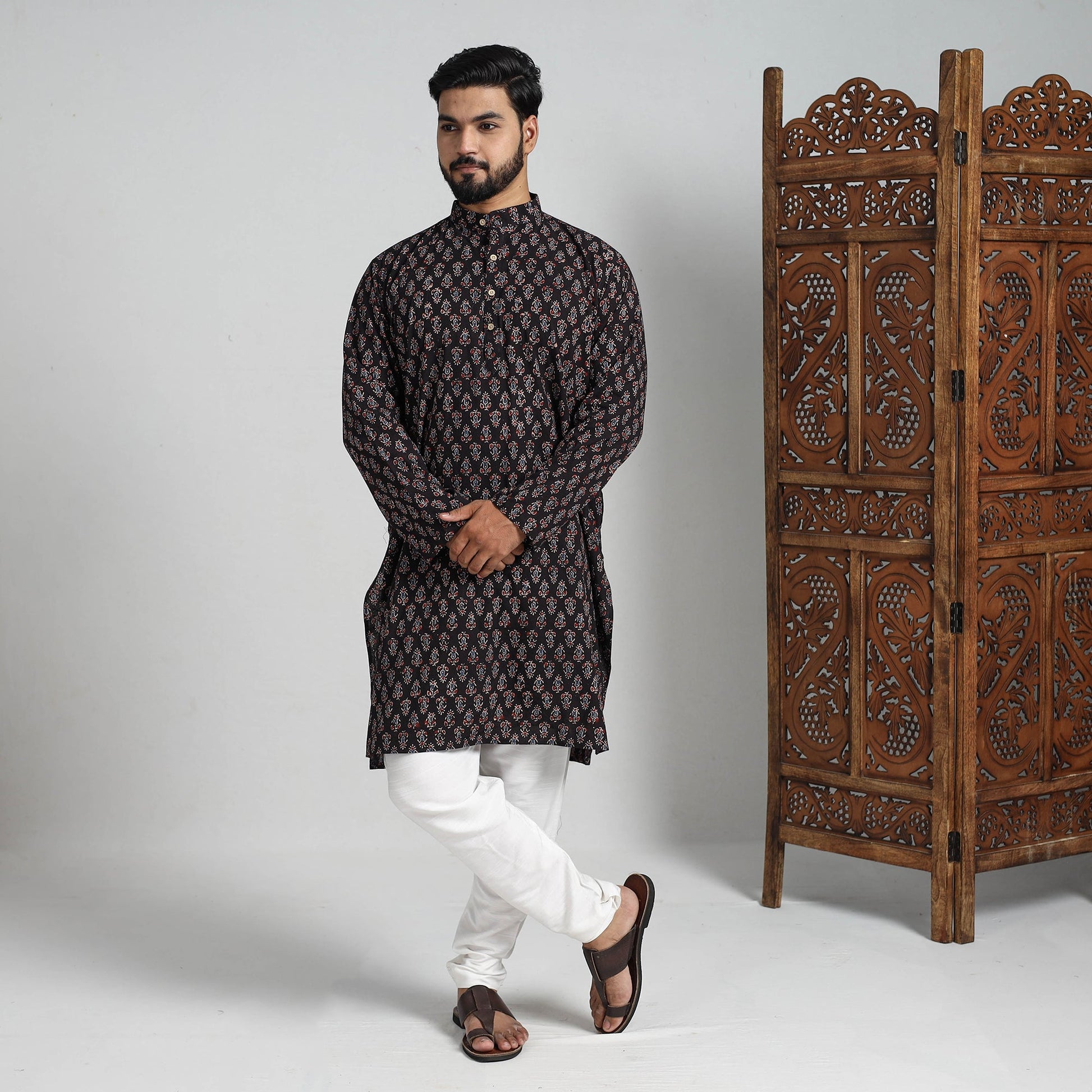 Ajrakh Block Printed Cotton Men Long Kurta 17