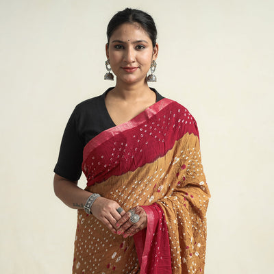 Brown - Kutch Bandhani Tie-Dye Cotton Saree with Blouse Piece