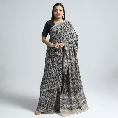 Black - Pedana Block Print Cotton Kalamkari Saree