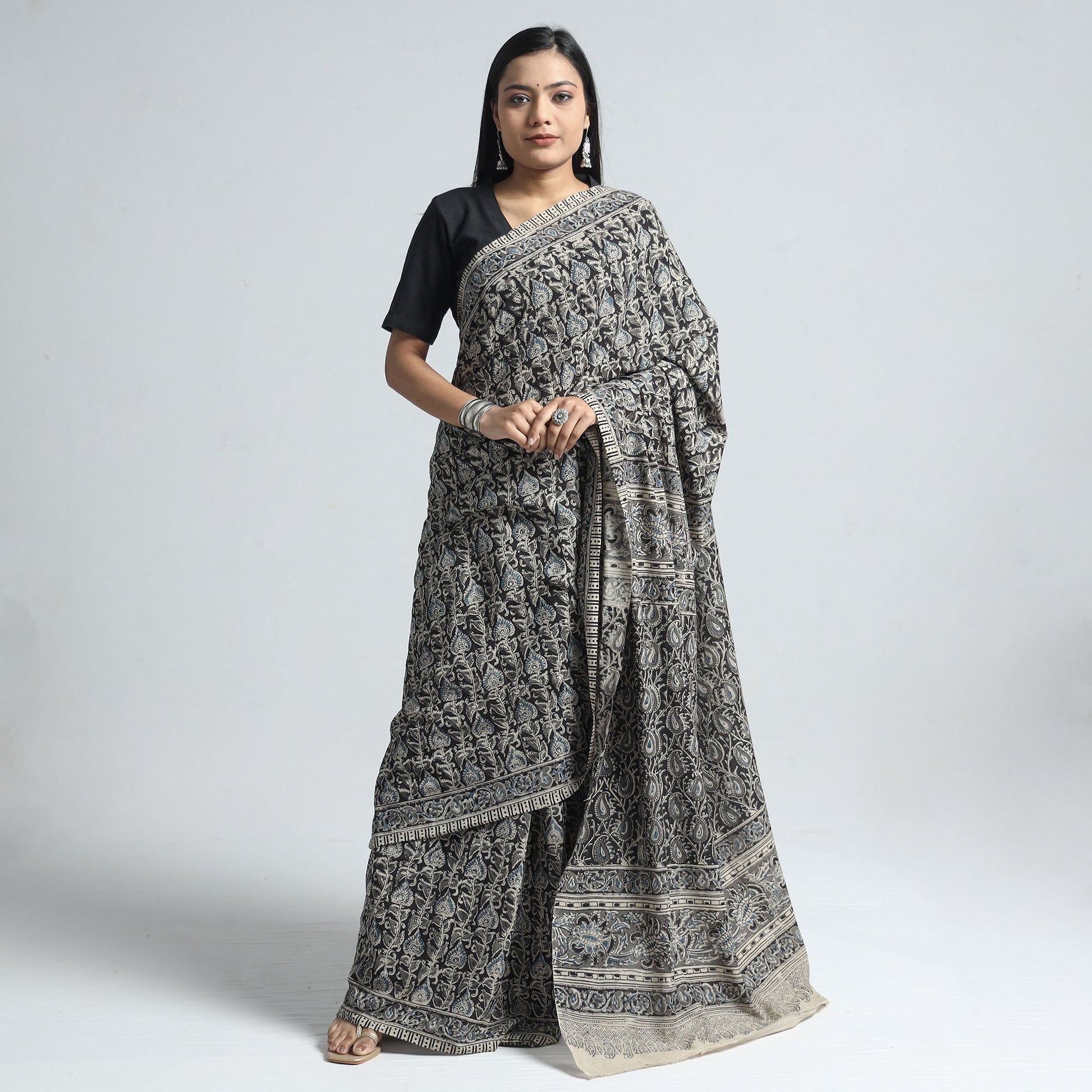 Black - Pedana Block Print Cotton Kalamkari Saree