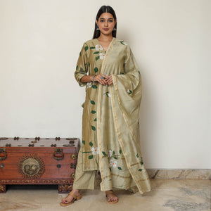 Beige - Handpainted Chanderi Silk Kurta Set with Palazzo & Dupatta 01