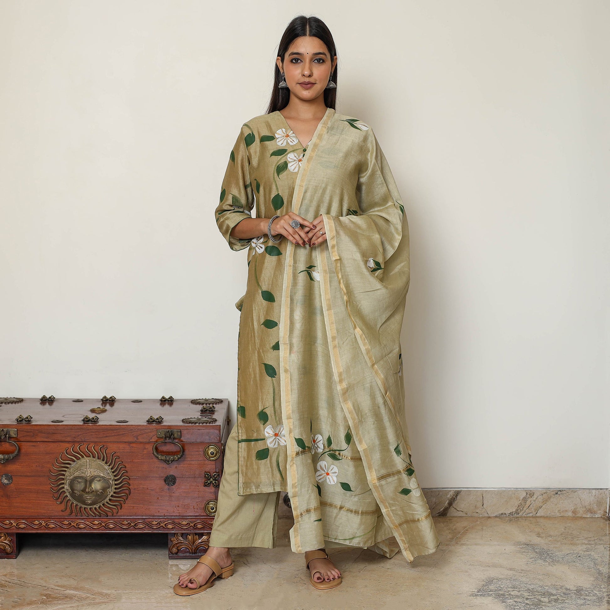 Beige - Handpainted Chanderi Silk Kurta Set with Palazzo & Dupatta 01