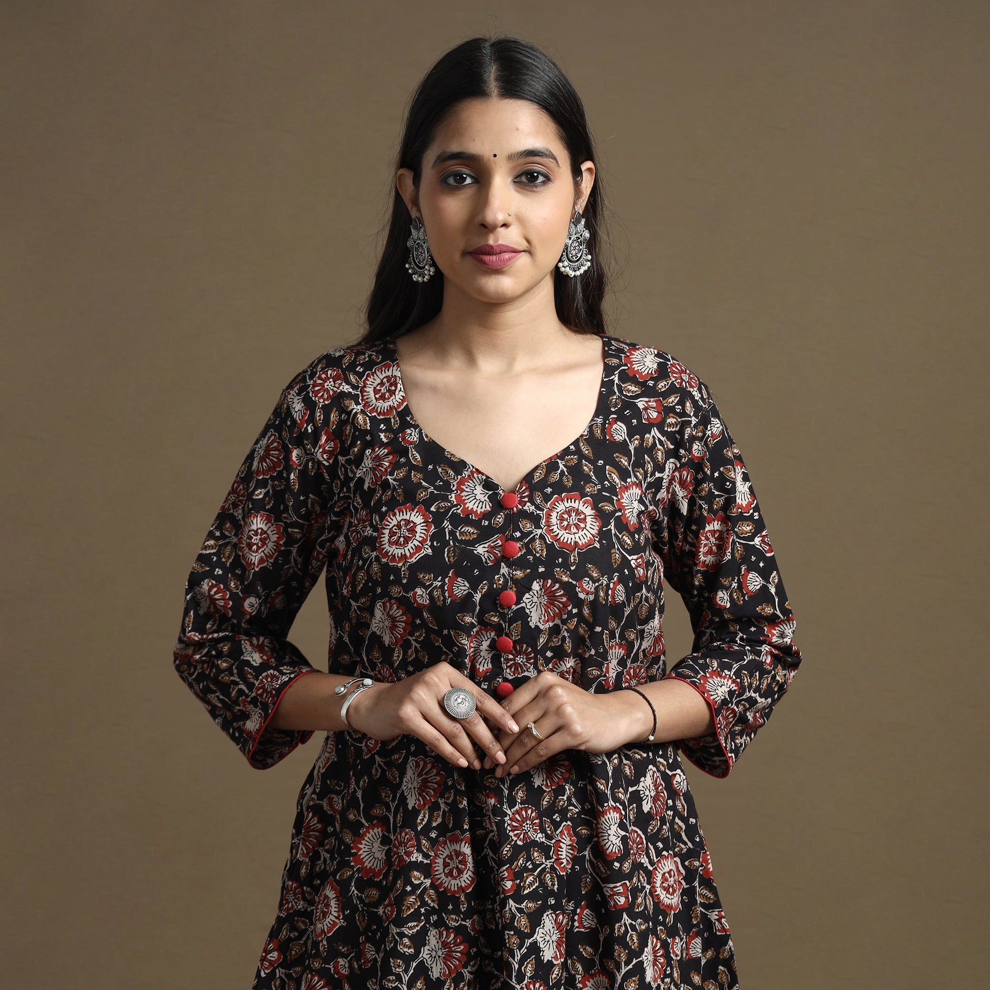 Black - Bagru Hand Block Printed Cotton A-Line Kurta