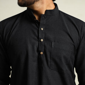 Black - Plain Handloom Cotton Men Short Kurta