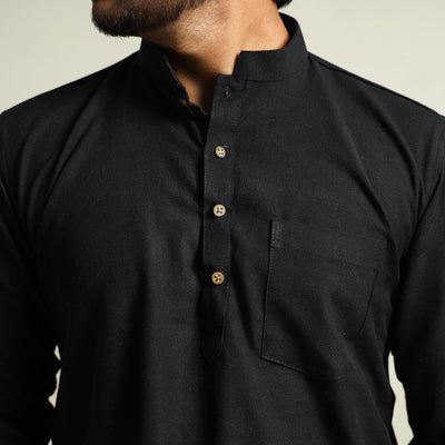 Black - Plain Handloom Cotton Men Short Kurta