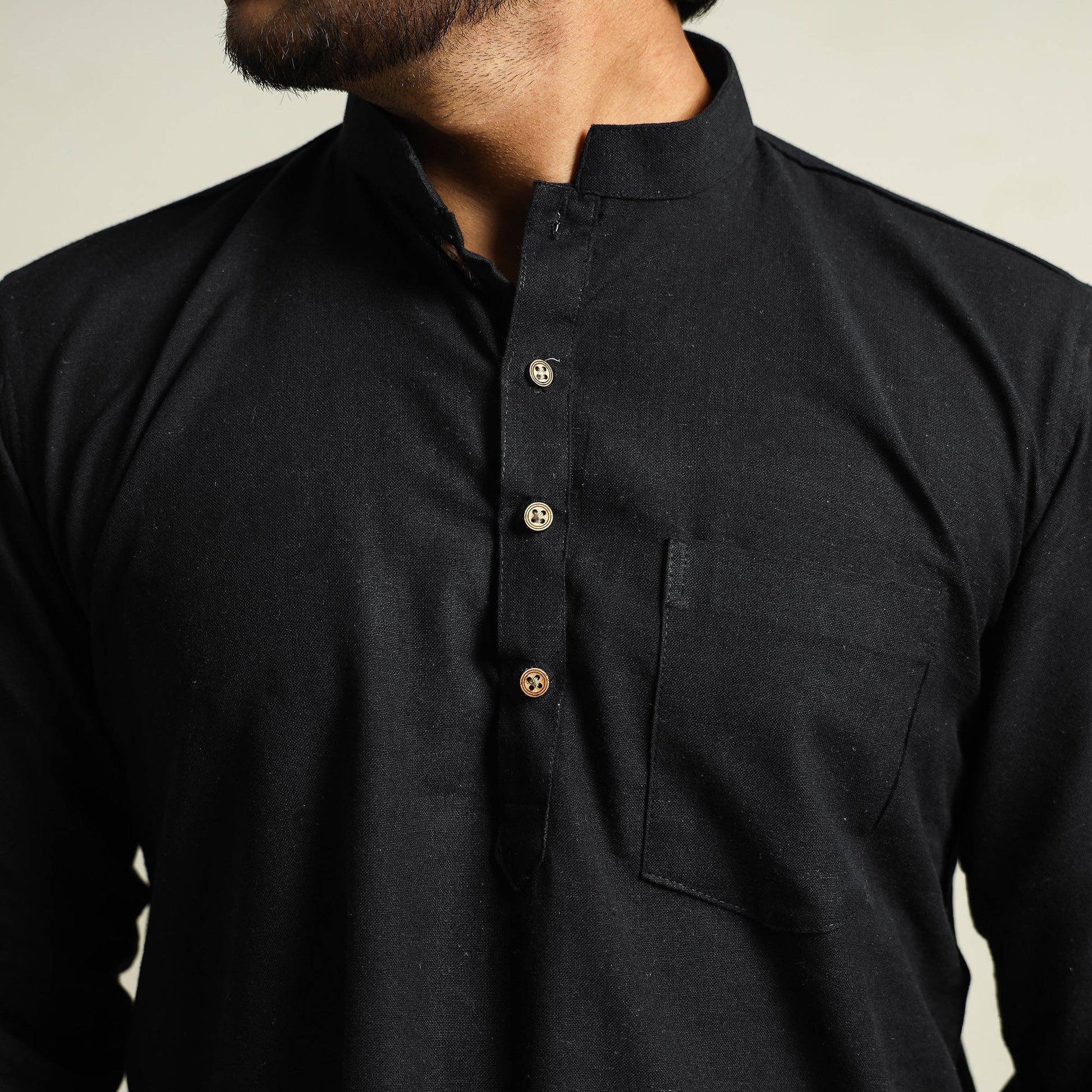 Black - Plain Handloom Cotton Men Short Kurta
