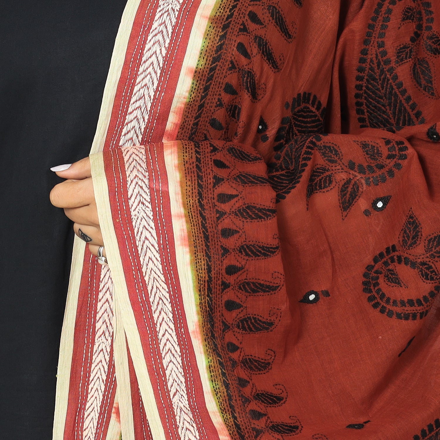 Brown - Bengal Kantha Embroidery Cotton Handloom Dupatta