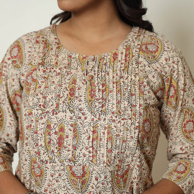 Beige - Pedana Kalamkari Hand Block Printed Cotton Pintuck A-Line Kurta 57