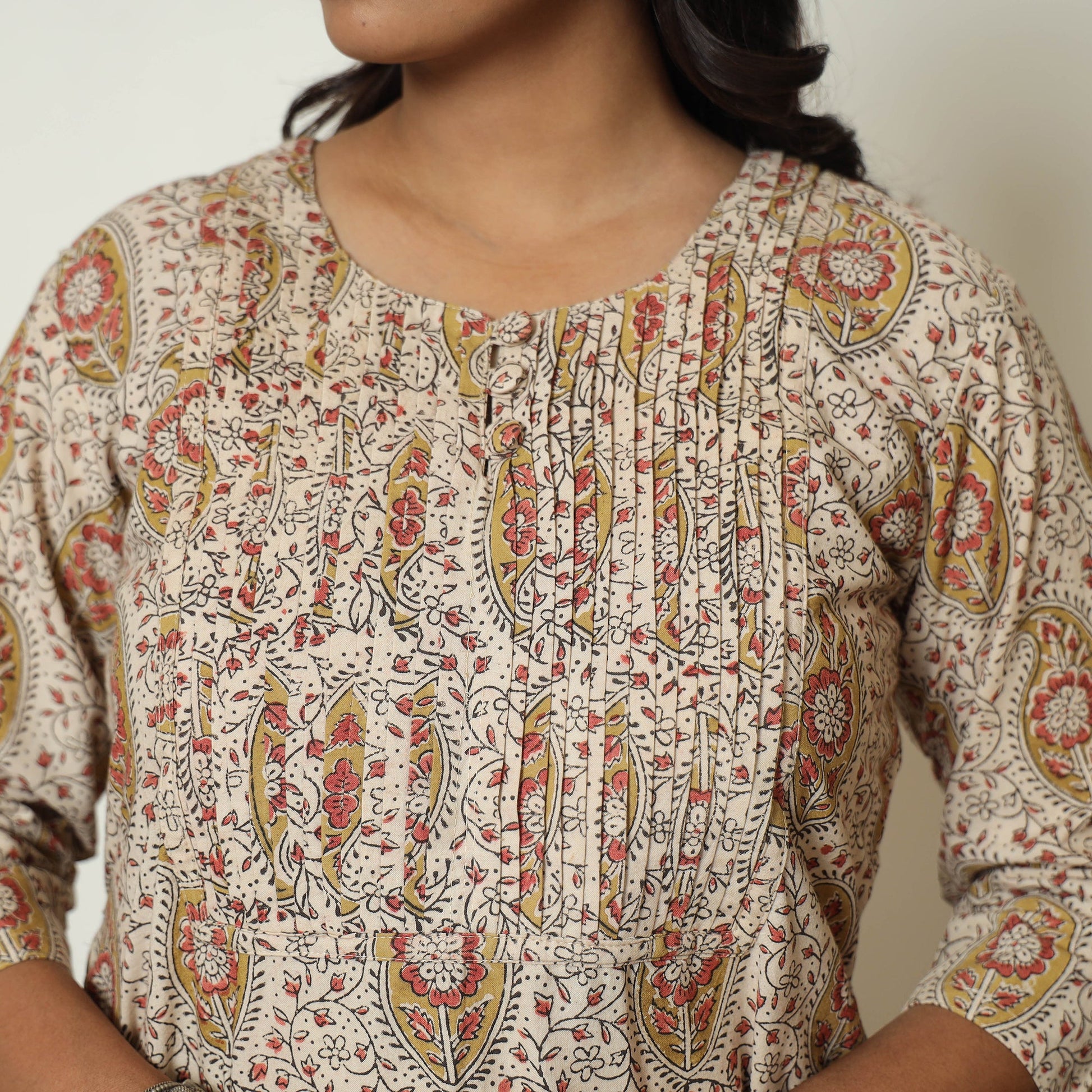 Beige - Pedana Kalamkari Hand Block Printed Cotton Pintuck A-Line Kurta 57