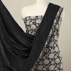 Black - 3pc Cotton Jahota Print Kurta with Jacquard Dupatta 05