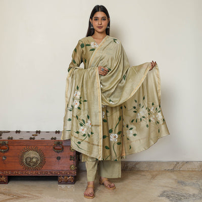 Beige - Handpainted Chanderi Silk Kurta Set with Palazzo & Dupatta 01