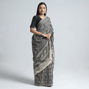 Black - Pedana Block Print Cotton Kalamkari Saree