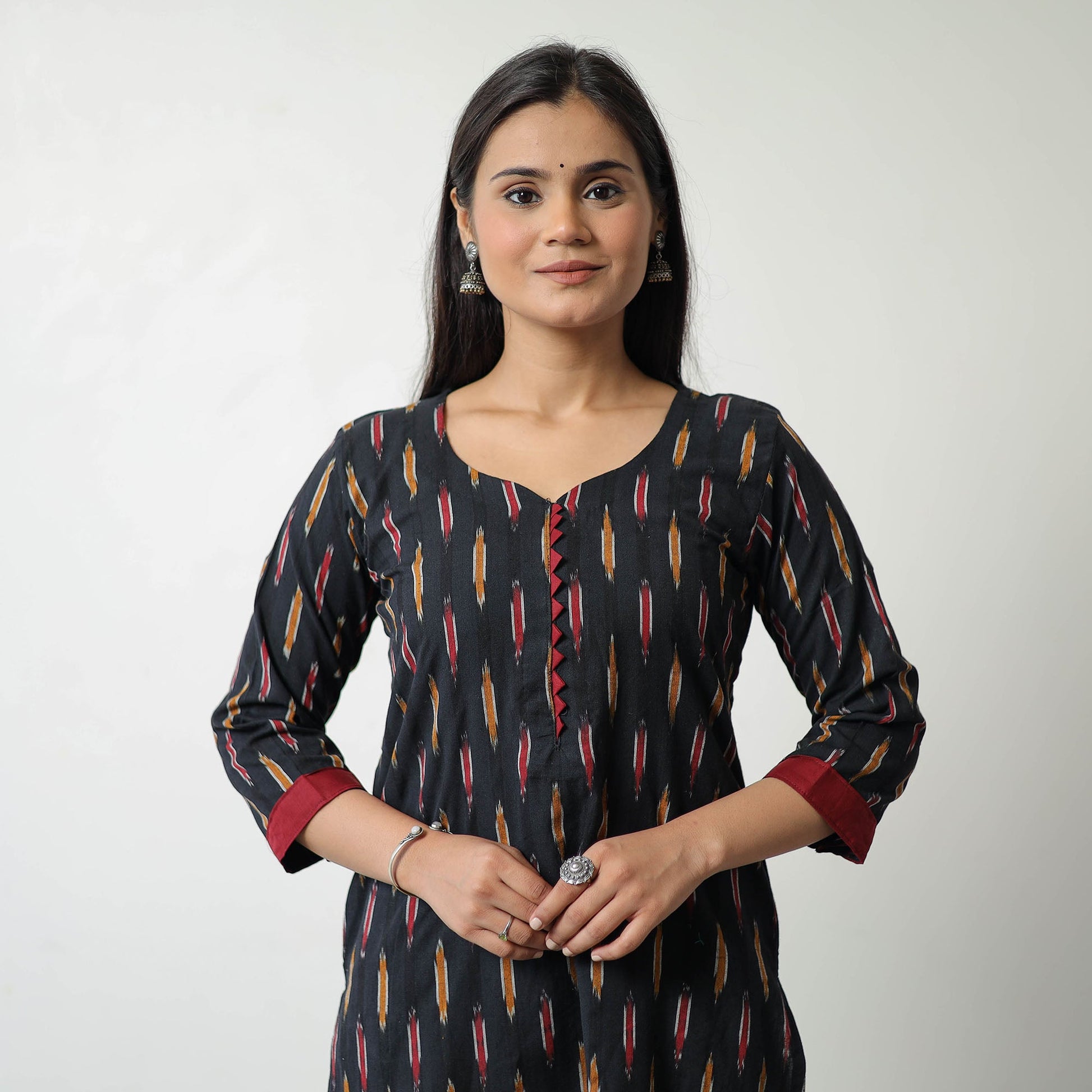 Black - Pochampally Ikat Weave Cotton Straight Kurta 07