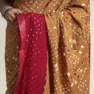 Brown - Kutch Bandhani Tie-Dye Cotton Saree with Blouse Piece
