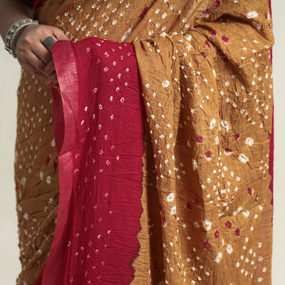 Brown - Kutch Bandhani Tie-Dye Cotton Saree with Blouse Piece