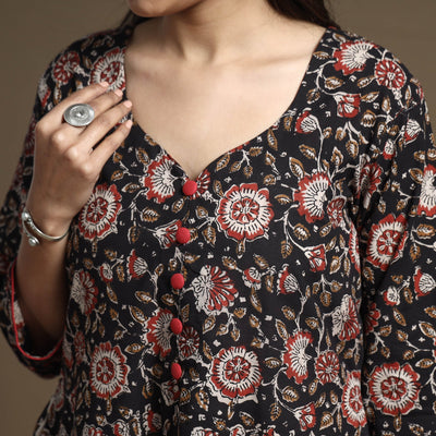 Black - Bagru Hand Block Printed Cotton A-Line Kurta