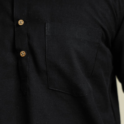 Black - Plain Handloom Cotton Men Short Kurta