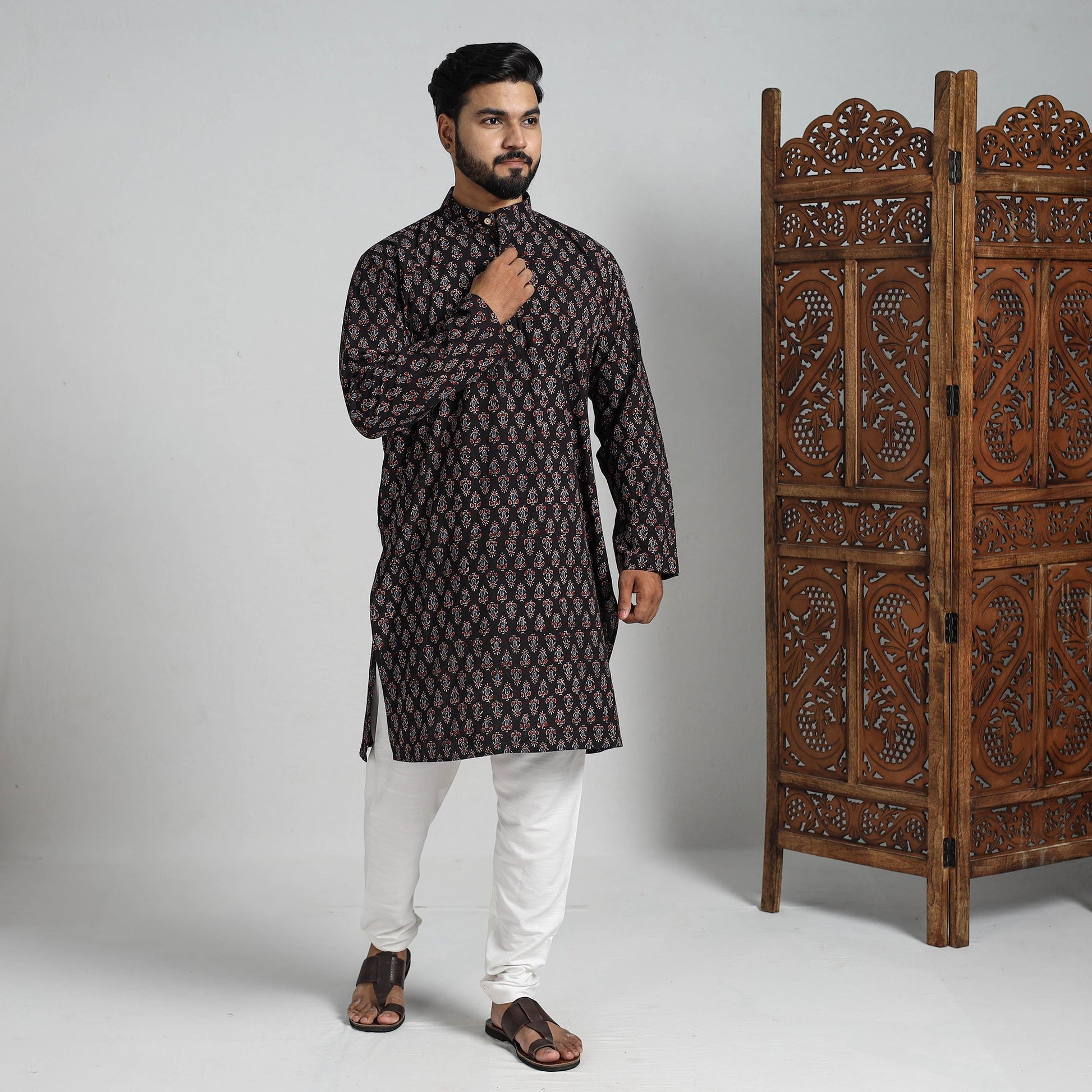 Ajrakh Block Printed Cotton Men Long Kurta 17