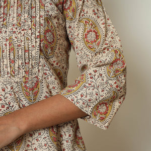 Beige - Pedana Kalamkari Hand Block Printed Cotton Pintuck A-Line Kurta 57