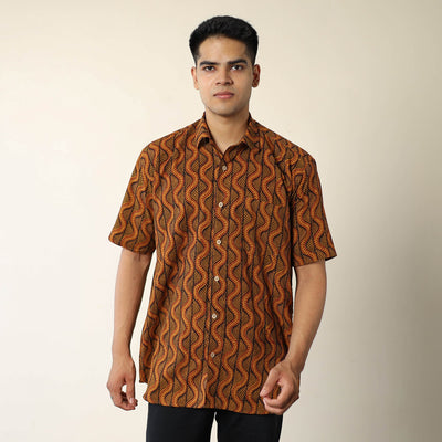 Brown - Bagh Hand Block Printed Cotton Men Half Sleeve Shirt 03