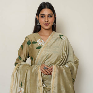 Beige - Handpainted Chanderi Silk Kurta Set with Palazzo & Dupatta 01