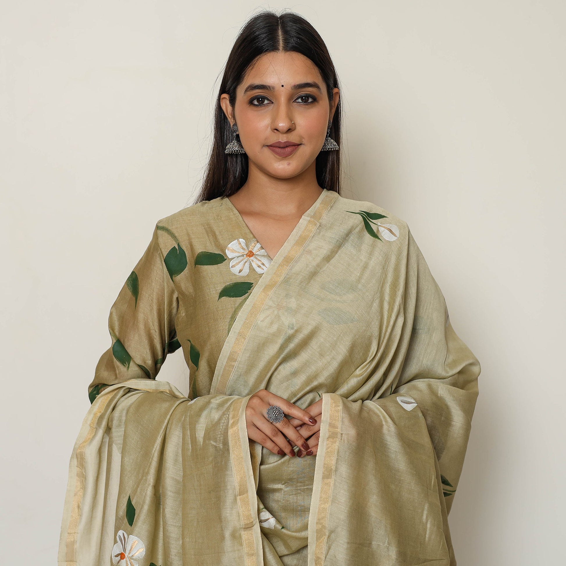 Beige - Handpainted Chanderi Silk Kurta Set with Palazzo & Dupatta 01
