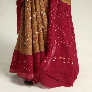 Brown - Kutch Bandhani Tie-Dye Cotton Saree with Blouse Piece