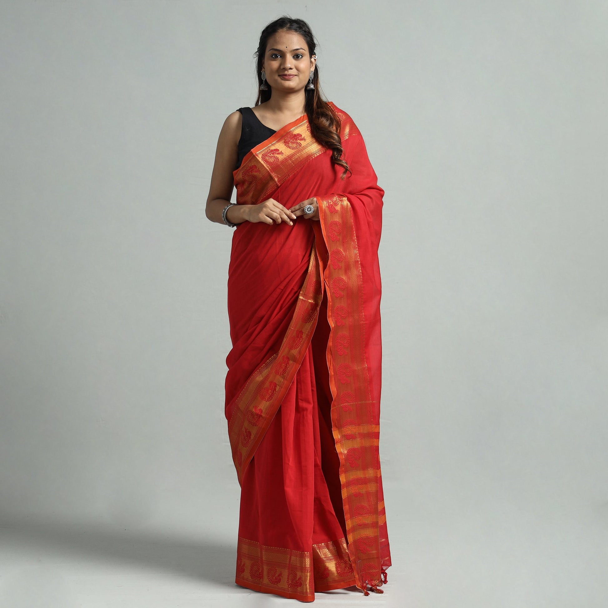 Red - Dharwad Cotton Saree with Zari Border