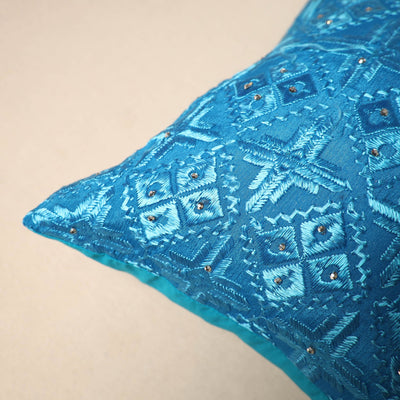 Blue - Chinon Phulkari Embroidered Cushion Cover 11