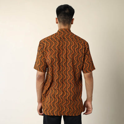 Brown - Bagh Hand Block Printed Cotton Men Half Sleeve Shirt 03