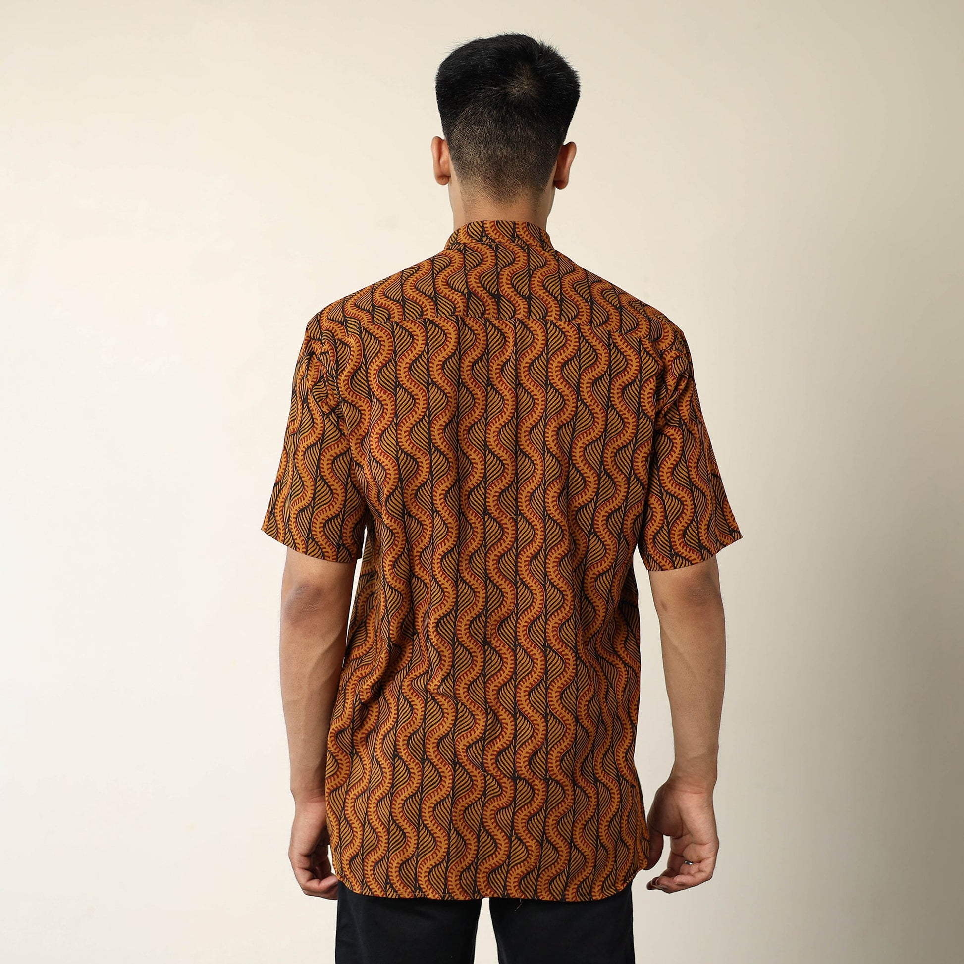 Brown - Bagh Hand Block Printed Cotton Men Half Sleeve Shirt 03