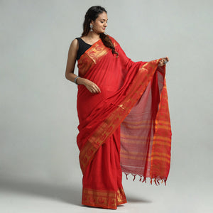 Red - Dharwad Cotton Saree with Zari Border