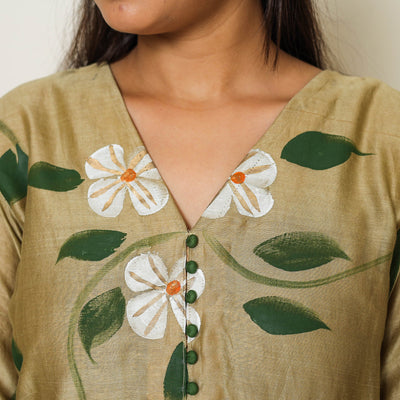 Beige - Handpainted Chanderi Silk Kurta Set with Palazzo & Dupatta 01