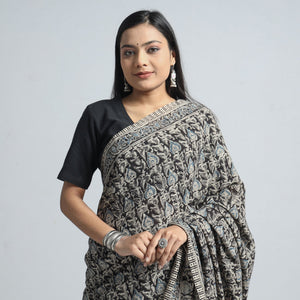 Black - Pedana Block Print Cotton Kalamkari Saree