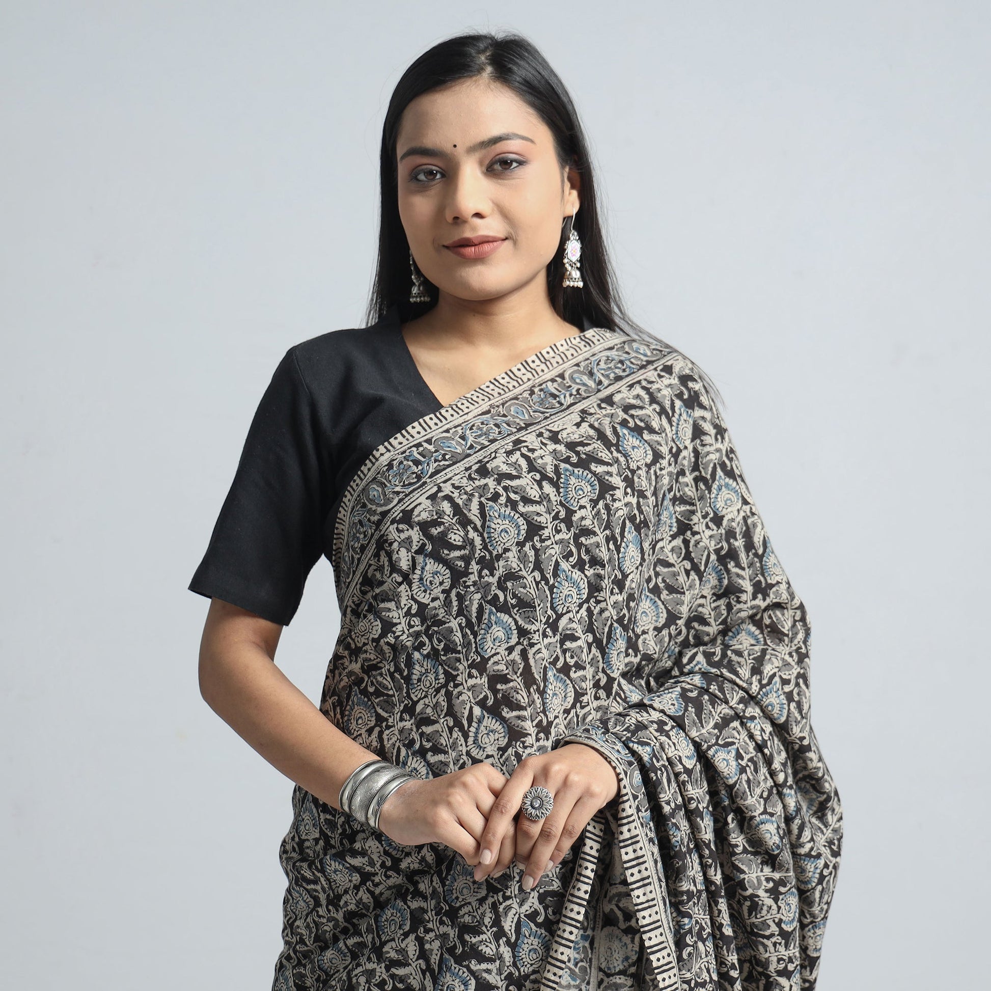 Black - Pedana Block Print Cotton Kalamkari Saree