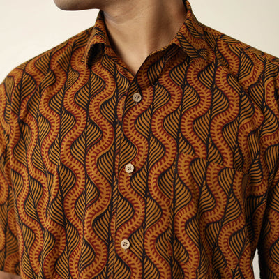 Brown - Bagh Hand Block Printed Cotton Men Half Sleeve Shirt 03