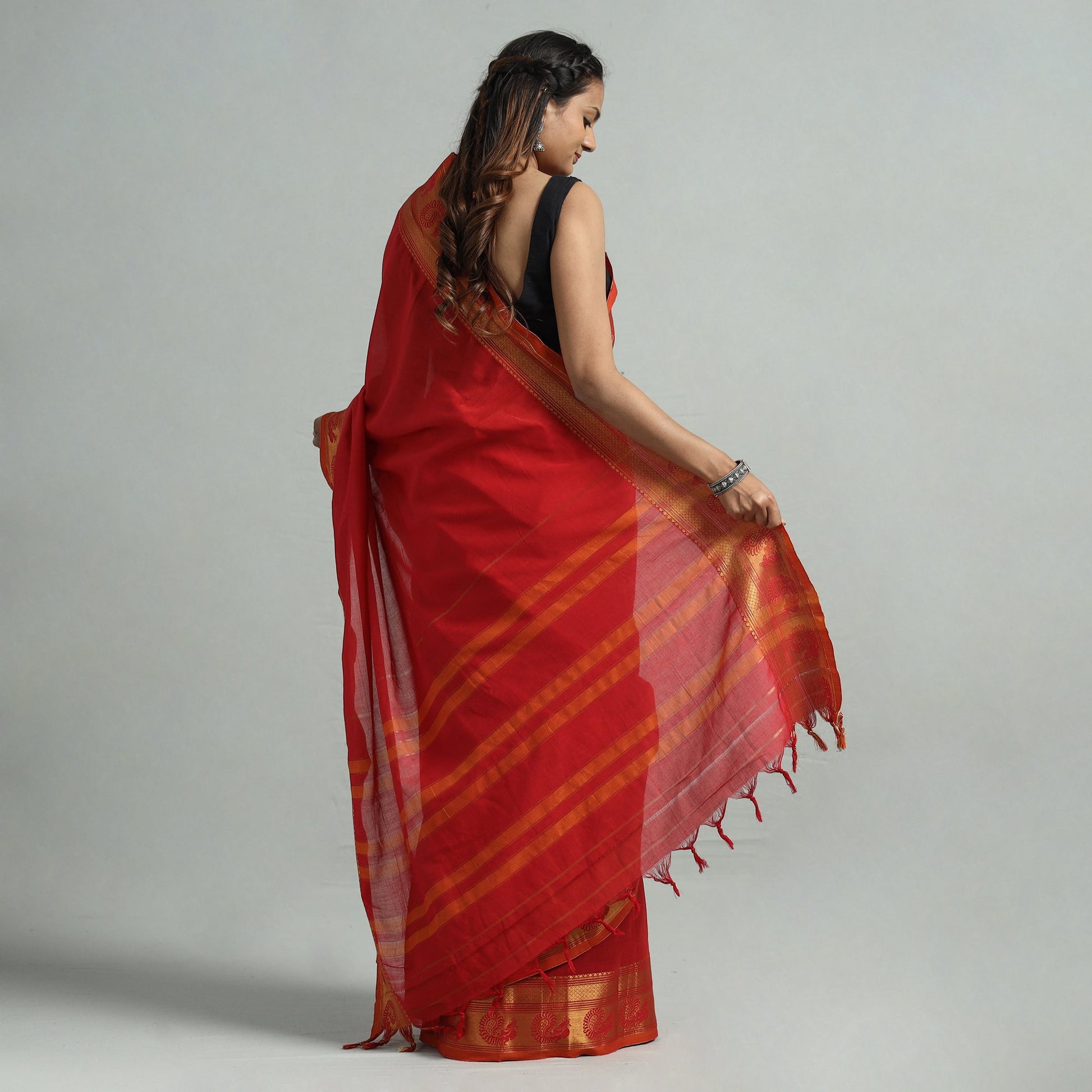 Red - Dharwad Cotton Saree with Zari Border