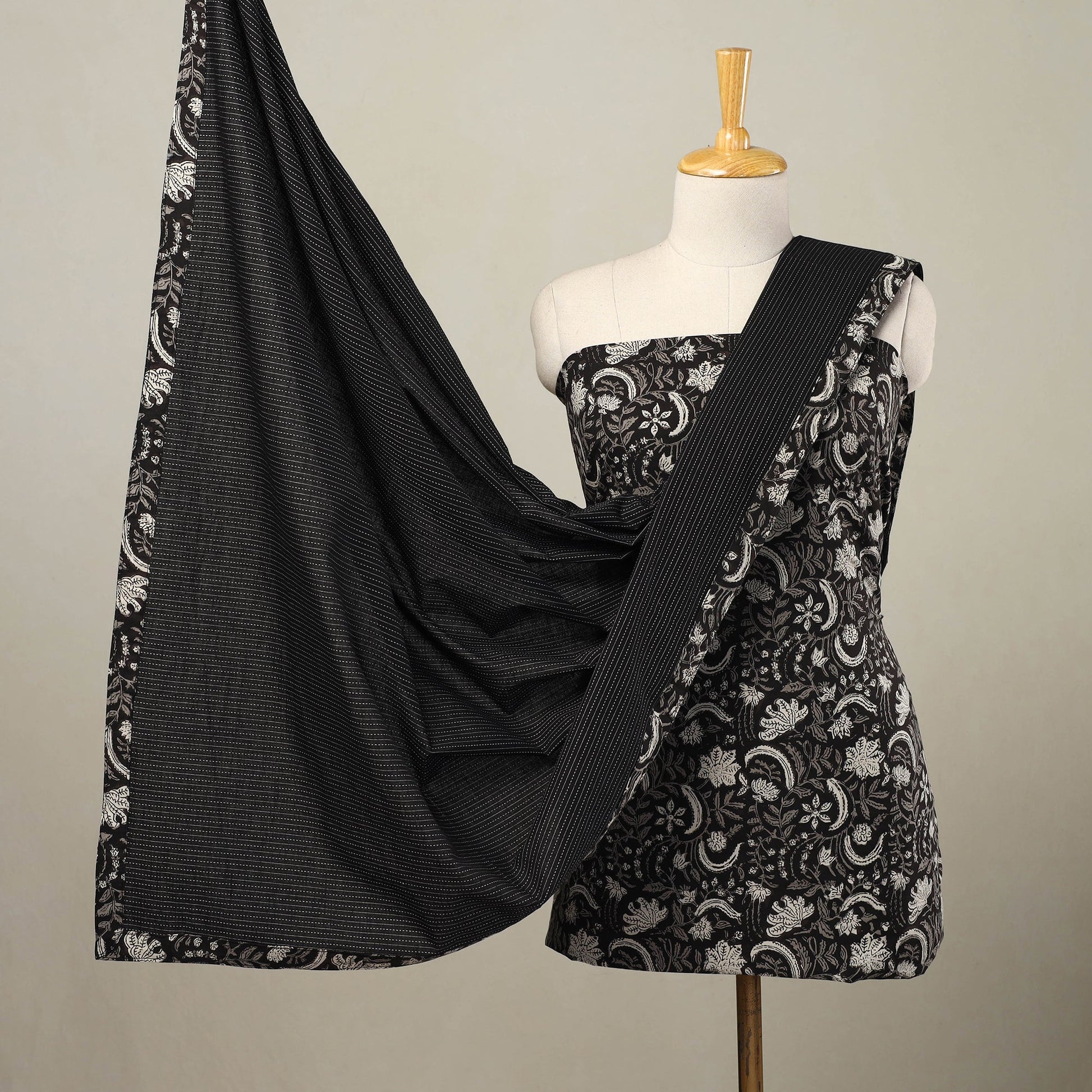 Black - 3pc Cotton Bagru Print Kurta with Plain Dupatta 07