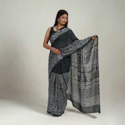 Black  - Cotton Hand Batik Print Saree 03