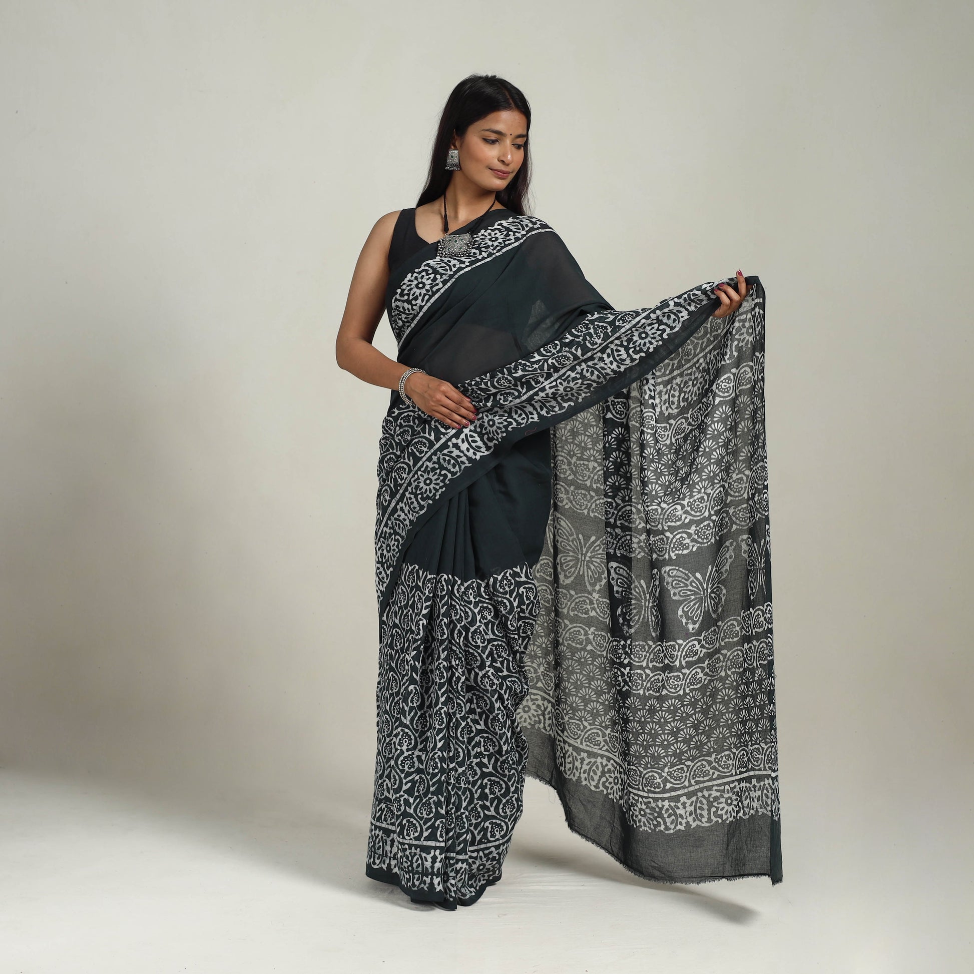 Black  - Cotton Hand Batik Print Saree 03