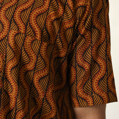 Brown - Bagh Hand Block Printed Cotton Men Half Sleeve Shirt 03
