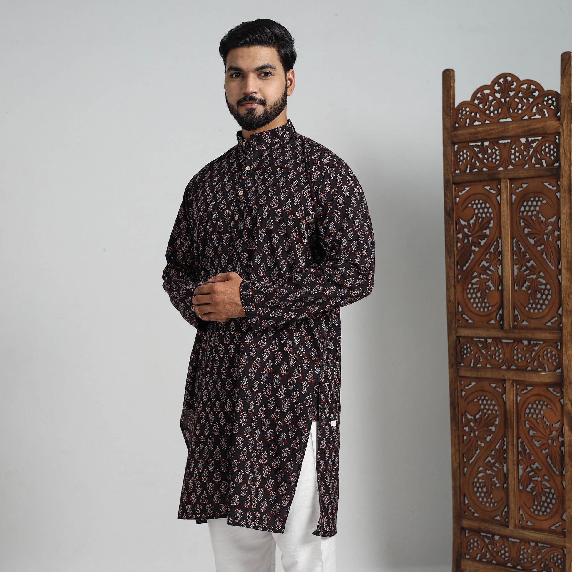 Ajrakh Block Printed Cotton Men Long Kurta 17