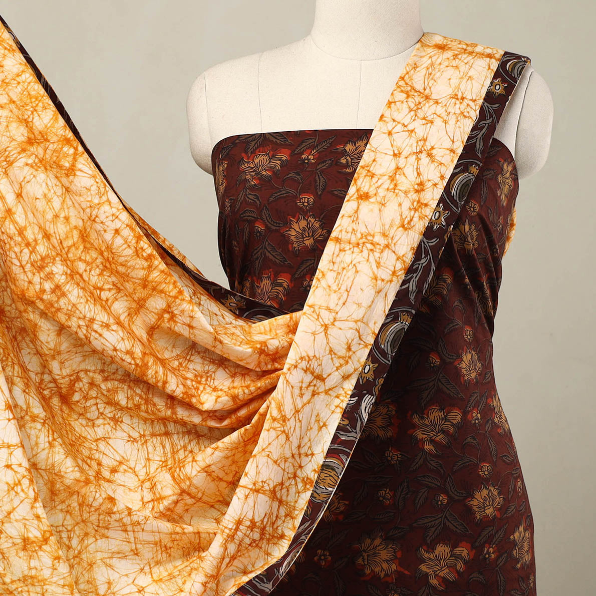 Brown - 3pc Cotton Bagru Print Kurta with Batik Dupatta 08