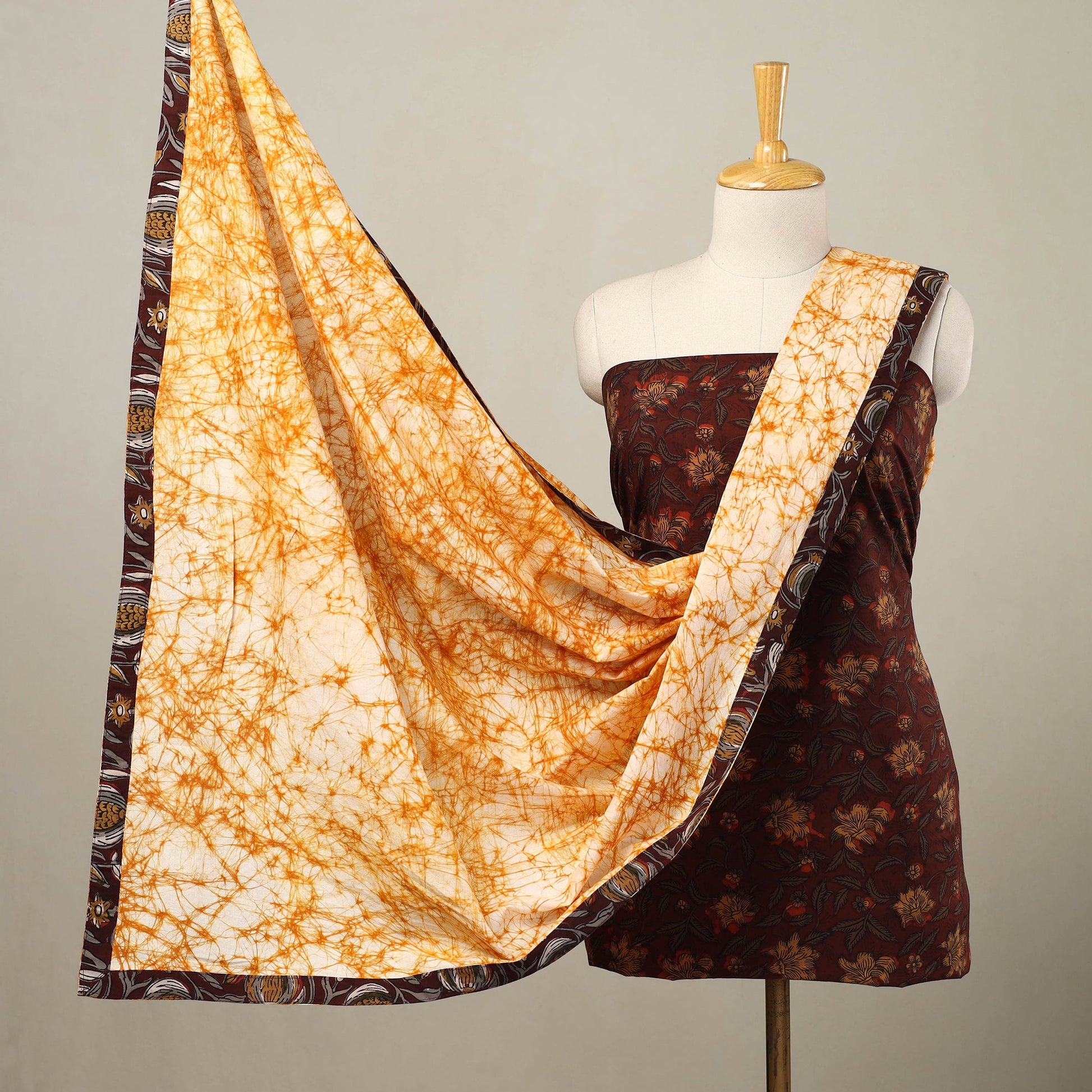 Brown - 3pc Cotton Bagru Print Kurta with Batik Dupatta 08