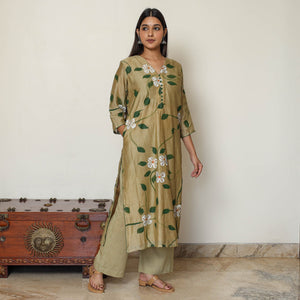 Beige - Handpainted Chanderi Silk Kurta Set with Palazzo & Dupatta 01