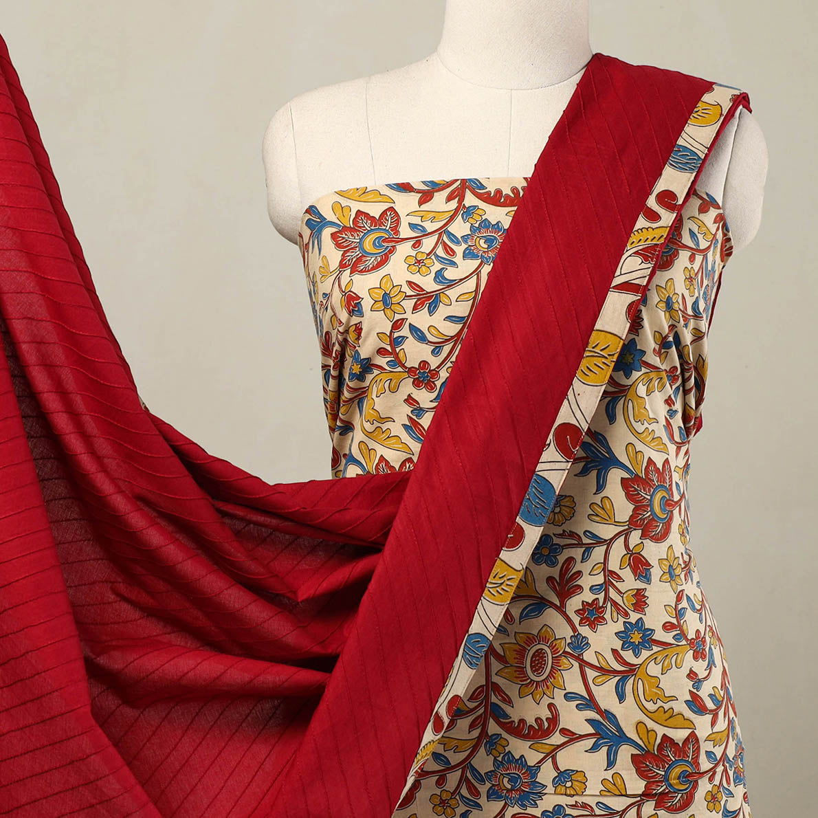 Beige - 3pc Cotton Bagru Print Kurta with Plain Dupatta 09