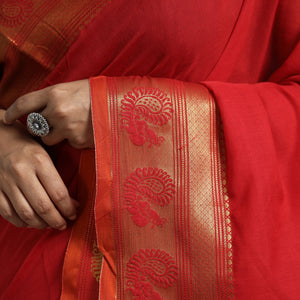 Red - Dharwad Cotton Saree with Zari Border