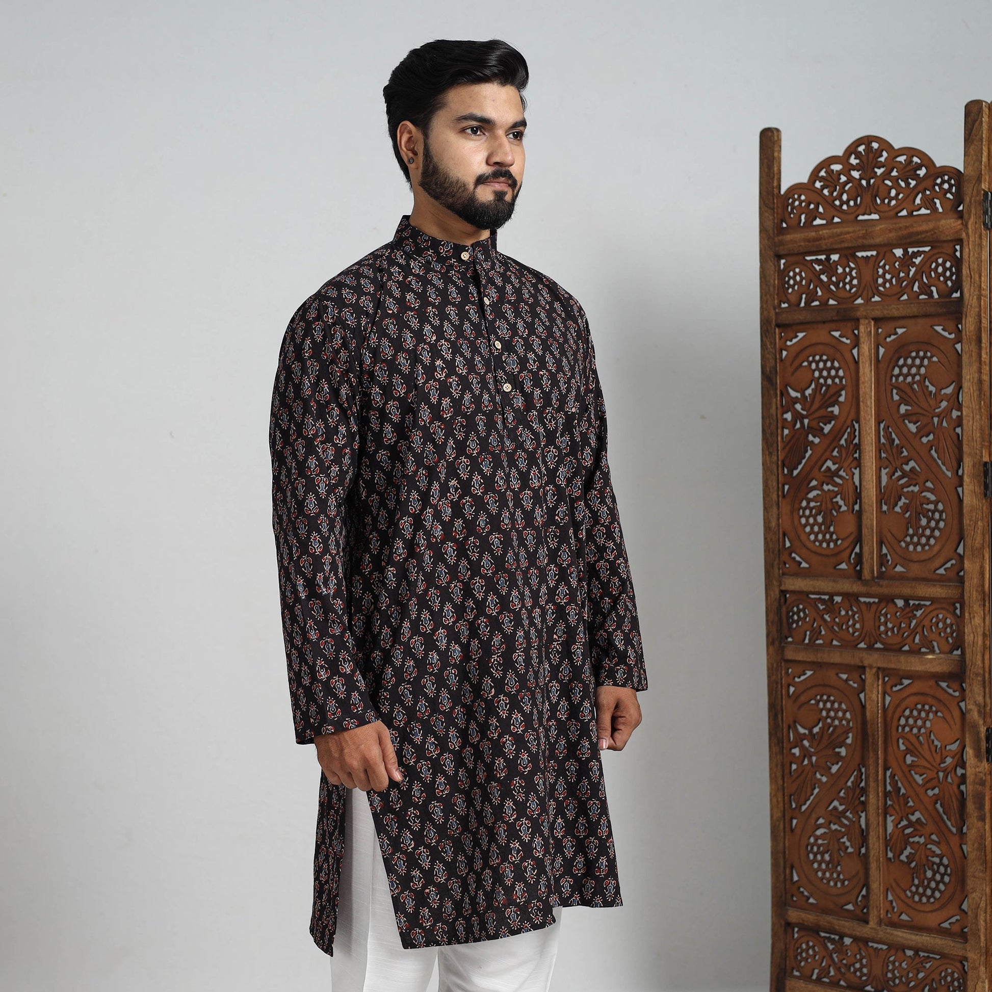 Ajrakh Block Printed Cotton Men Long Kurta 17