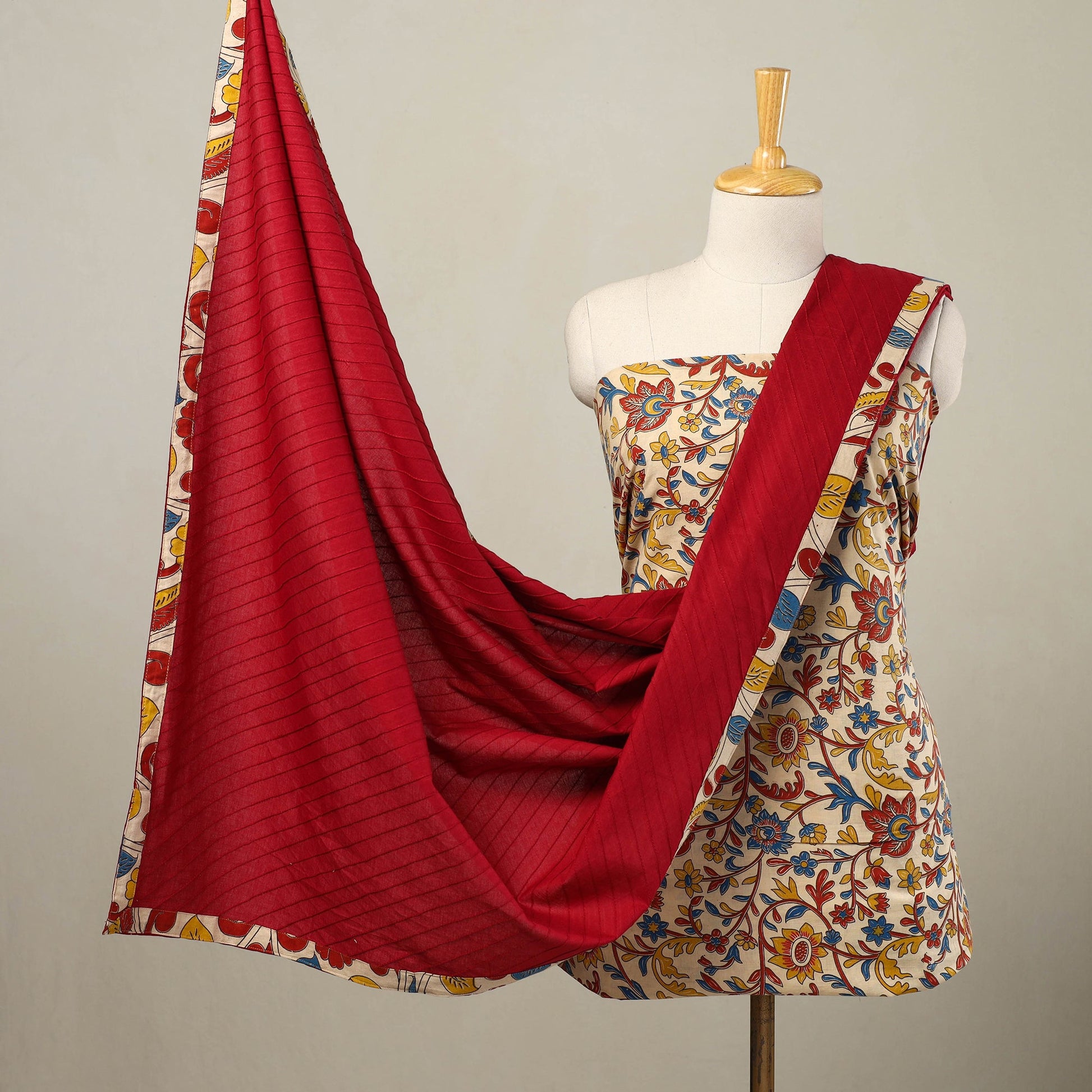 Beige - 3pc Cotton Bagru Print Kurta with Plain Dupatta 09