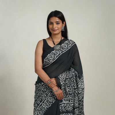 Black  - Cotton Hand Batik Print Saree 03